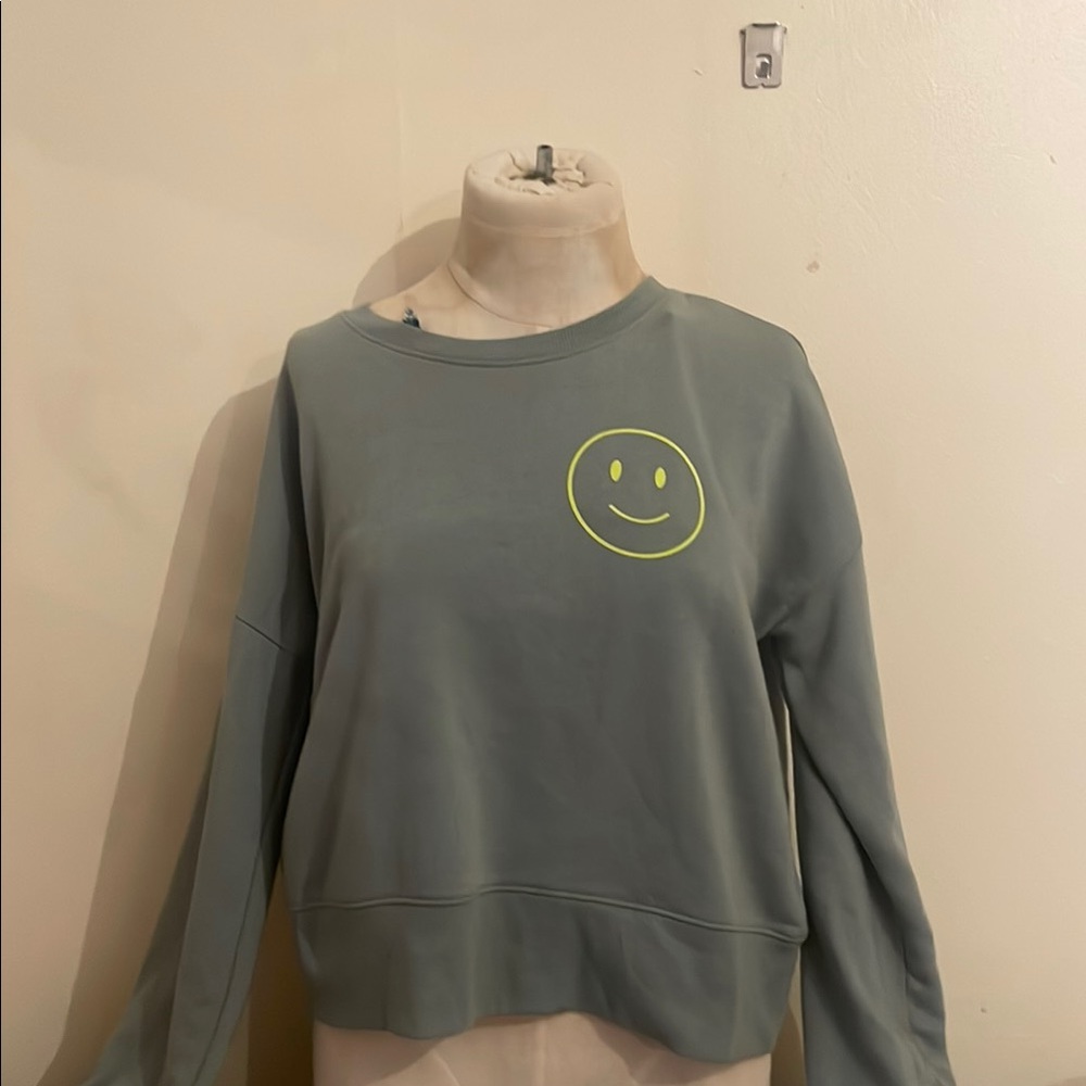 Green Crop Relaxed Hoodie with Smiley Face